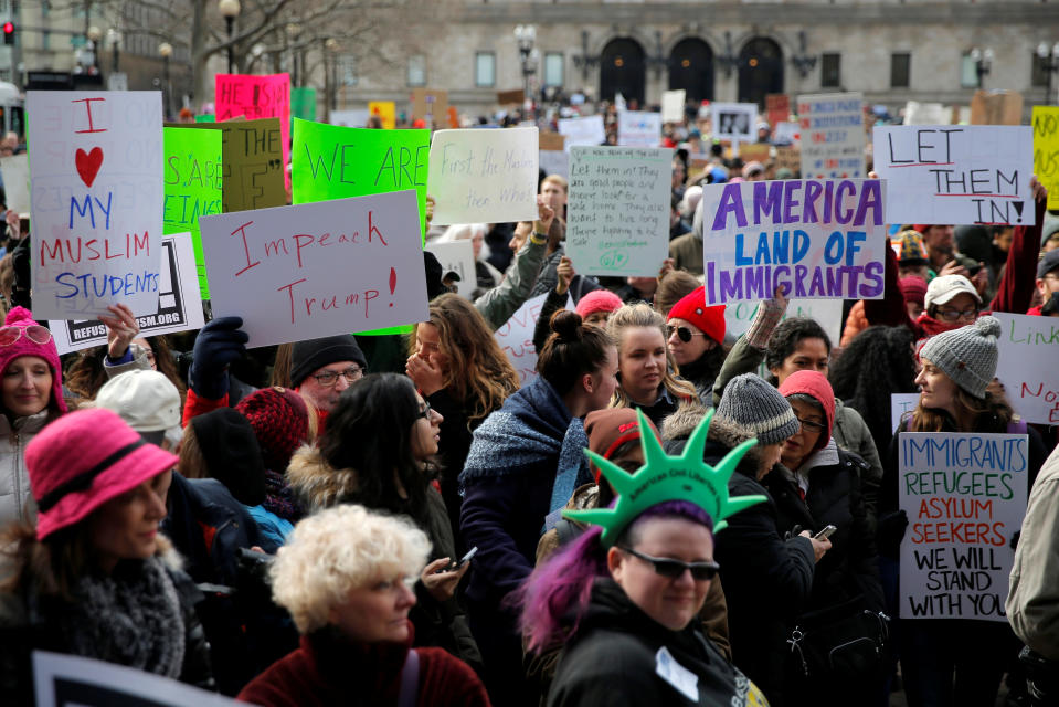 Muslim women pray during the "Boston Protest Against Muslim Ban and Anti-Immigration Orders" protesting U.S. President Donald Trump's executive order travel ban in Boston, Massachusetts, U.S. January 29, 2017. REUTERS/Brian Snyder