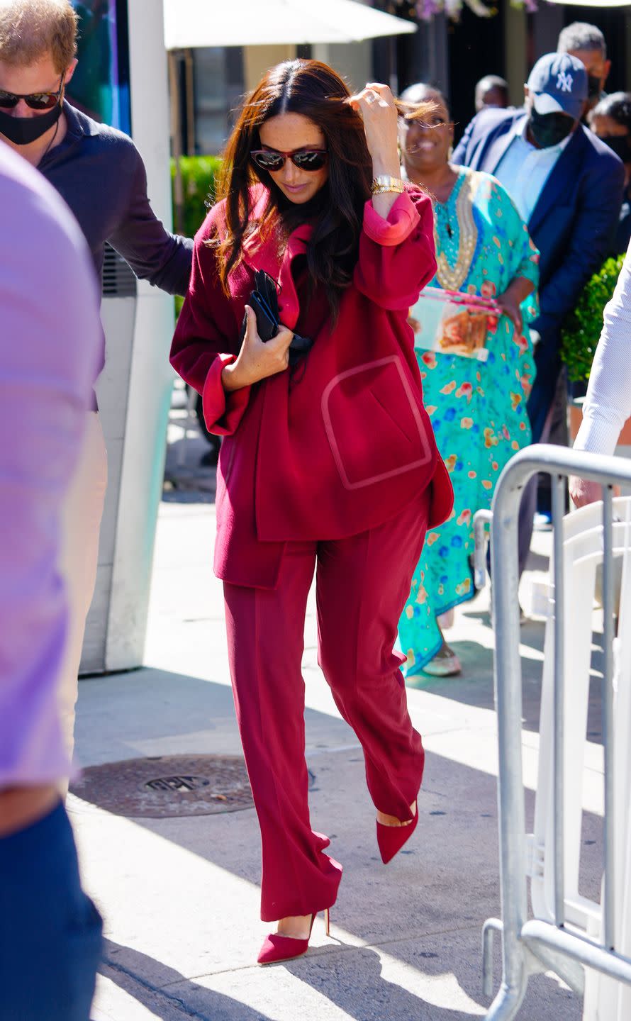 new york, new york   september 24 meghan, duchess of sussex and prince harry, duke of sussex are seen at melba in harlem on september 24, 2021 in new york city photo by gothamgc images