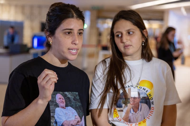 Elan, daughter of Keith Siegel an Hamas hostage speaks to Reuters next to speaks to Reuters in Geneva