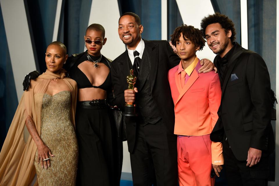 Jada Pinkett Smith, Willow Smith, Will Smith, Jaden Smith, and Trey Smith arrive at the Vanity Fair Oscar Party in March 2022.