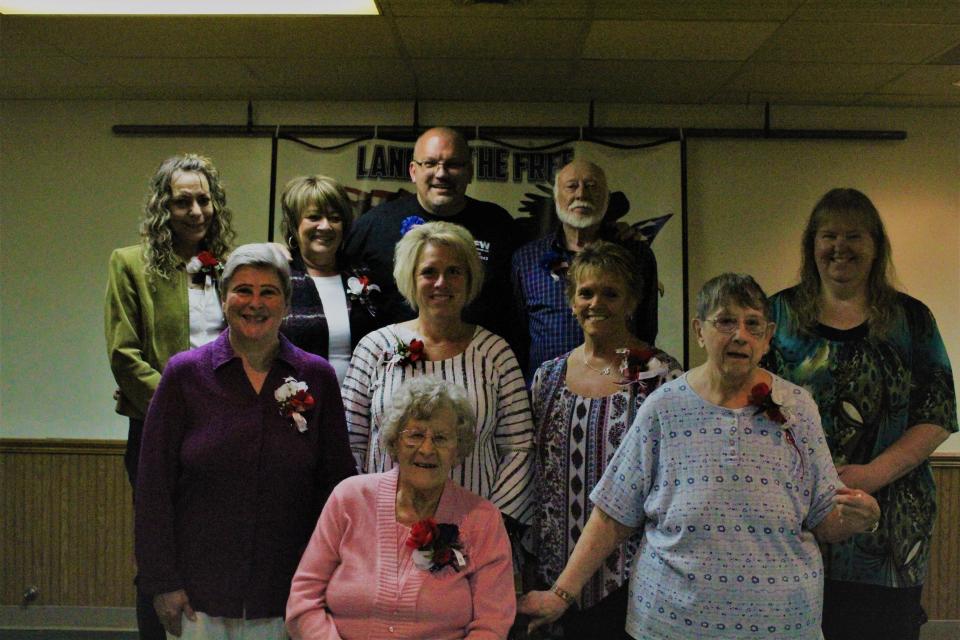 Past Presidents and Past Men's Auxiliary members at Post 9943 pose for a group photo: Gearold Smith, Brad Strong, Ginny Fisher, Laura Walker, Joyce Sparks, Rita Scheurer, Margaret Strong, Kim Reed, Dawn Tackett and Susan Hale.