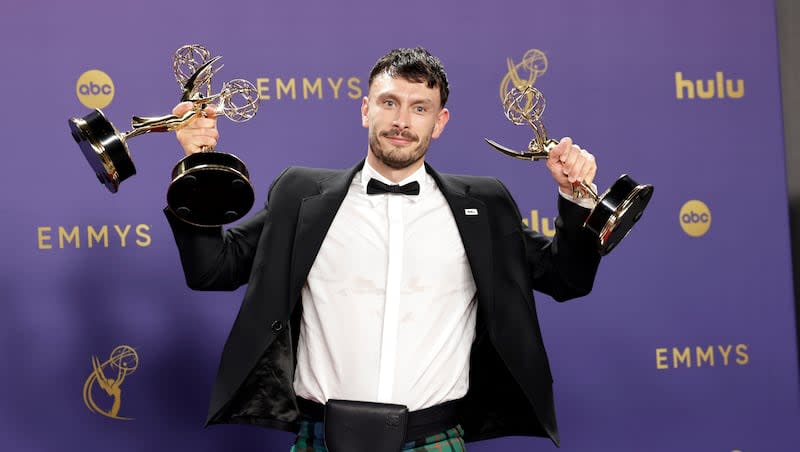 Richard Gadd poses in the press room with his three Emmys for "Baby Reindeer" at the 76th Emmy Awards on Sunday, Sept. 15, 2024 at the Peacock Theater in Los Angeles.