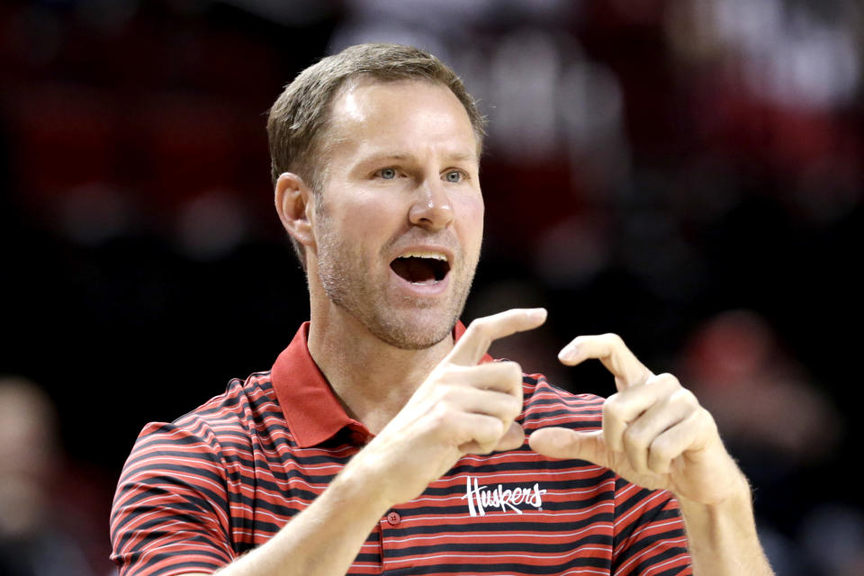 In this Wednesday, Oct. 30, 2019 photo, Nebraska coach Fred Hoiberg calls a play during an NCAA college basketball exhibition game against Doane University in Lincoln, Neb. Hoiberg knows the track record of Nebraska basketball coaches is not good. He wanted the job anyway. He takes over a program that has not won a conference championship in 70 years or ever won a game in the NCAA Tournament. He says a sold-out arena and top-notch facilities can trump the program's lack of tradition. (AP Photo/Nati Harnik)