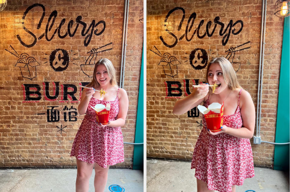 the author eating noodles in front of a wall