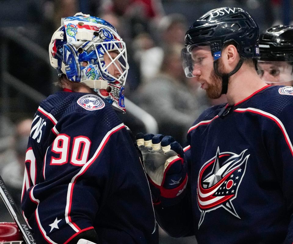 Defenseman Vladislav Gavrikov, right, recorded 15 goals and 58 assists in 256 career games with the Blue Jackets.