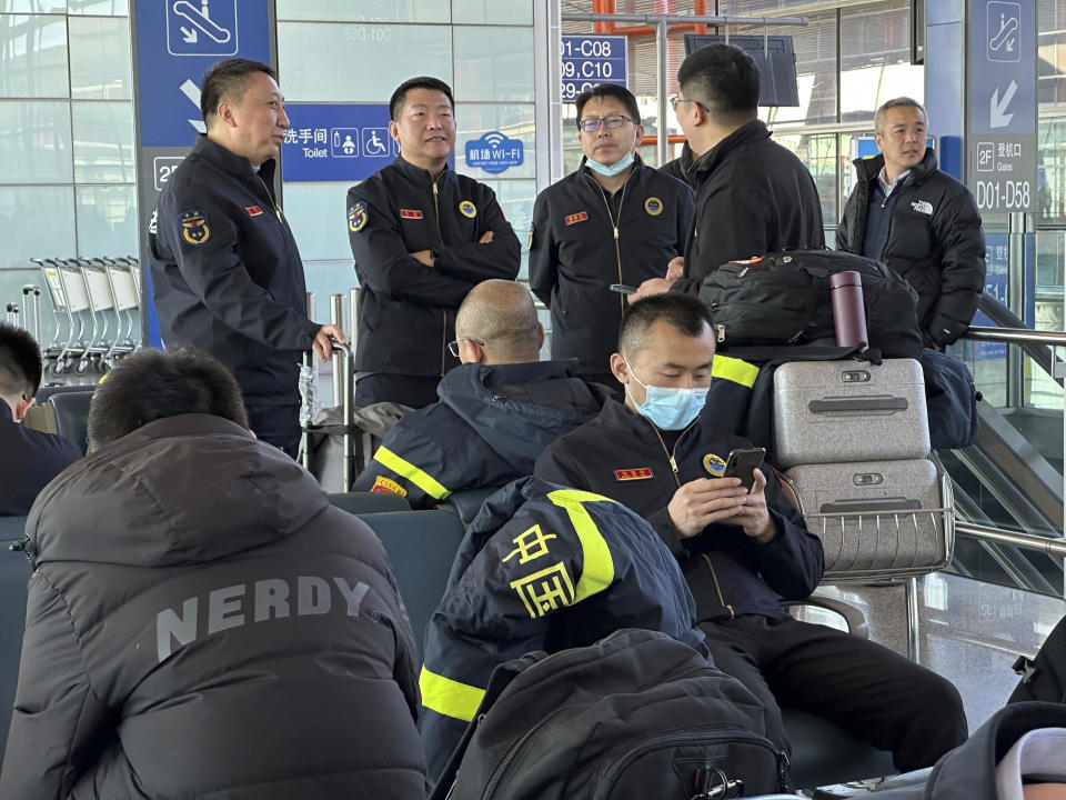 Rescue workers prepare to take a flight to Aksu, Xinjiang from Beijing Capital International Airport in Beijing on Tuesday, Jan. 23, 2024. A strong earthquake struck a sparsely populated part of China’s western Xinjiang region early Tuesday, knocking out power and destroying at least a few homes, local authorities and state media reported. No fatalities have been reported. (AP Photo/Ng Han Guan)