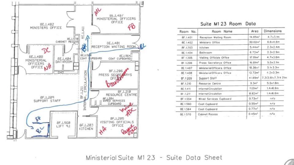 Assignment Freelance Picture A map of Senator Linda Reynolds' office with the markings of Bruce\n Lehrmann of where he said he went that night. Picture: Supplied.