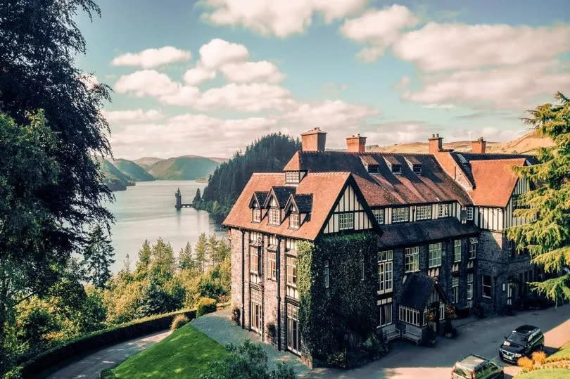 An outside shot of the hotel overlooking Lake Vyrnwy