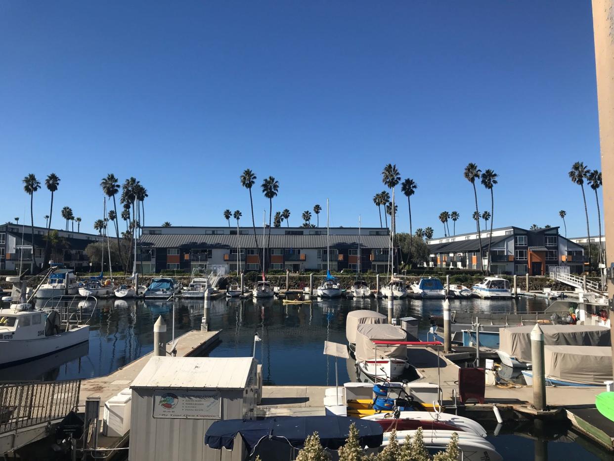 Fisherman's Wharf overlooks this waterfront scene at Channel Islands Harbor.