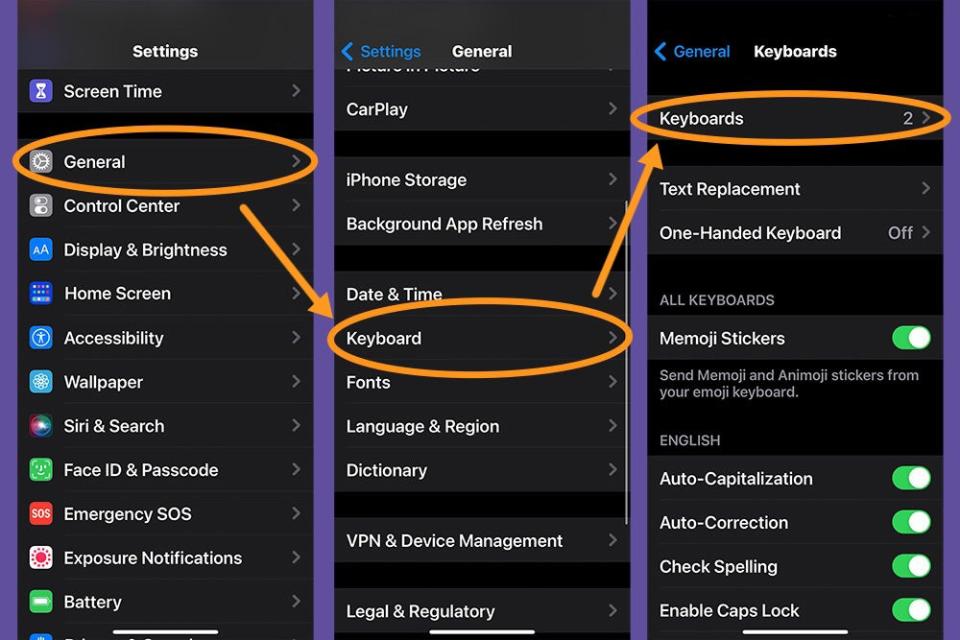 The iOS Settings app, showing how to access third-party keyboards.