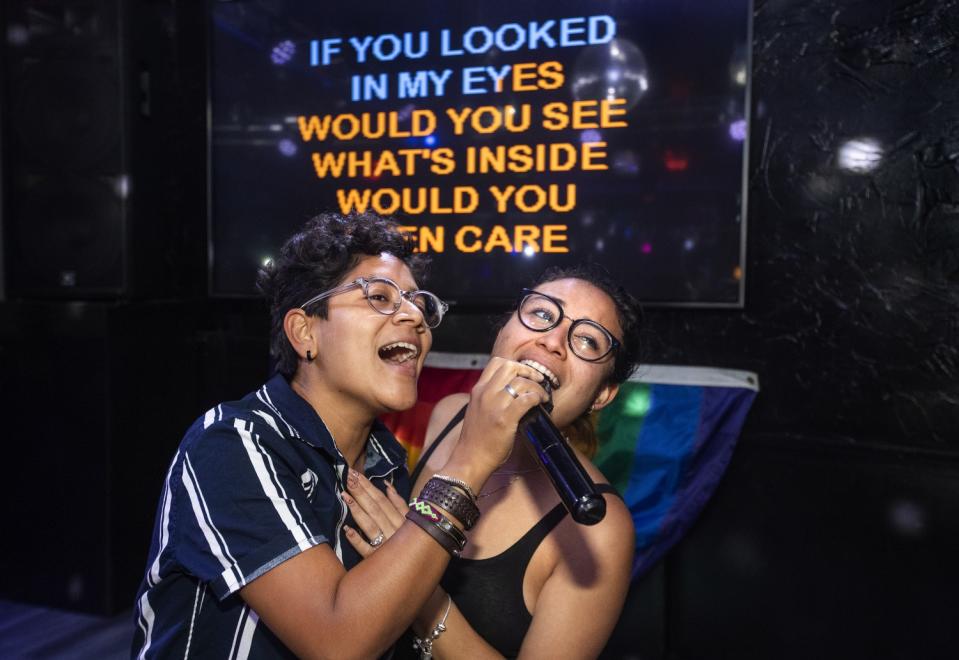 Two people performing karaoke.