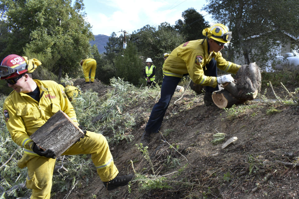 A fire prevention crew hauls away sections of a tree they cut down Wednesday, Nov. 20, 2019, near Redwood Estates, Calif. Authorities are rushing to clear vegetation in high-risk communities after fires killed 149 people and destroyed almost 25,000 homes over the past three years. (AP Photo/Matthew Brown)