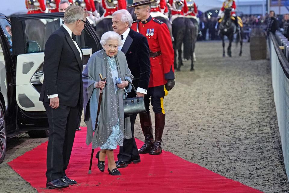 Britain's Queen Elizabeth II arrives for the "A Gallop Through History" Platinum Jubilee celebration at the Royal Windsor Horse Show at Windsor Castle on May 15, 2022.