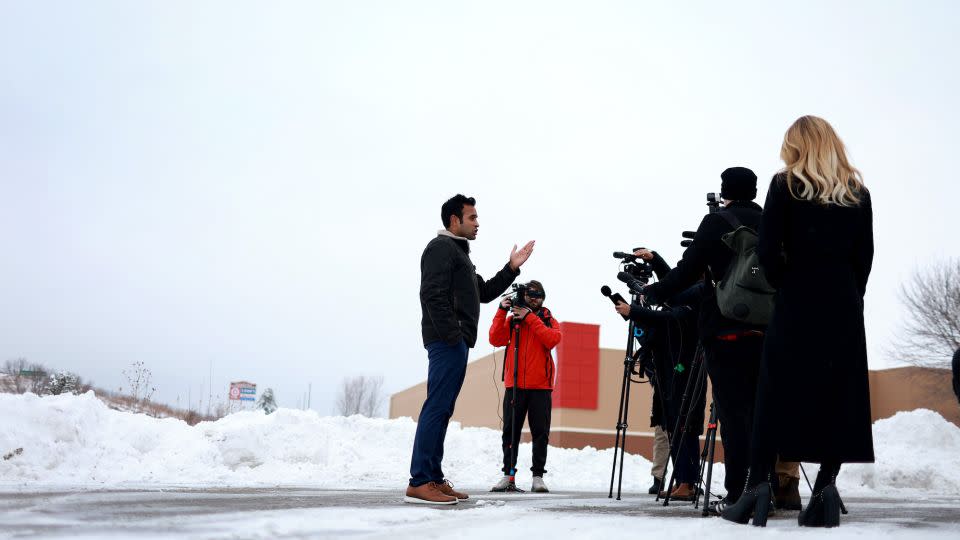 Republican presidential candidate Vivek Ramaswamy speaks to the media during a campaign stop at the Hampton Inn & Suites Sioux City South on January 8, 2024, in Sioux City, Iowa. - Joe Raedle/Getty Images