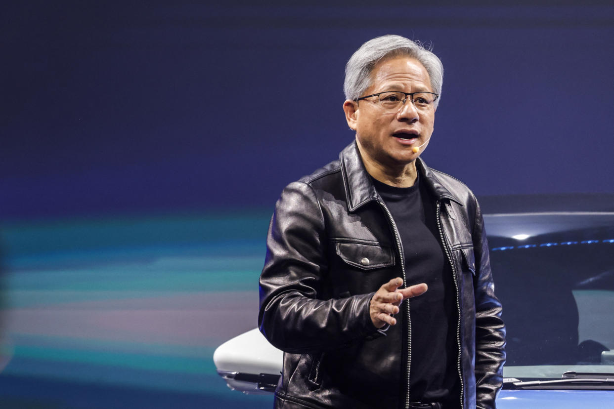 Jensen Huang, co-founder and chief executive officer of Nvidia Corp., speaks during the Hon Hai Tech Day in Taipei on October 18, 2023. (Photo by I-Hwa Cheng / AFP) (Photo by I-HWA CHENG/AFP via Getty Images)