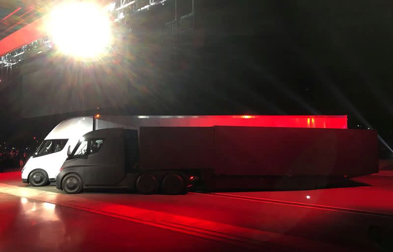 Tesla's new electric semi truck is unveiled during a presentation in Hawthorne