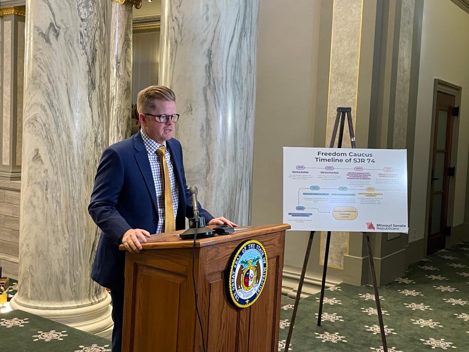 Missouri Senate President Pro Tem Caleb Rowden speaks to reporters at a press conference on Feb. 1, 2024 at the Missouri State Capitol Building in Jefferson City.