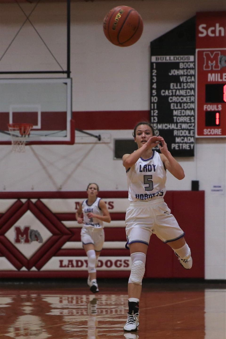 Irion County High School's Kaegen James passes the ball up the court during a game against Christoval at the Miles Ribs basketball tournament Friday, Dec. 3, 2021, in Miles.