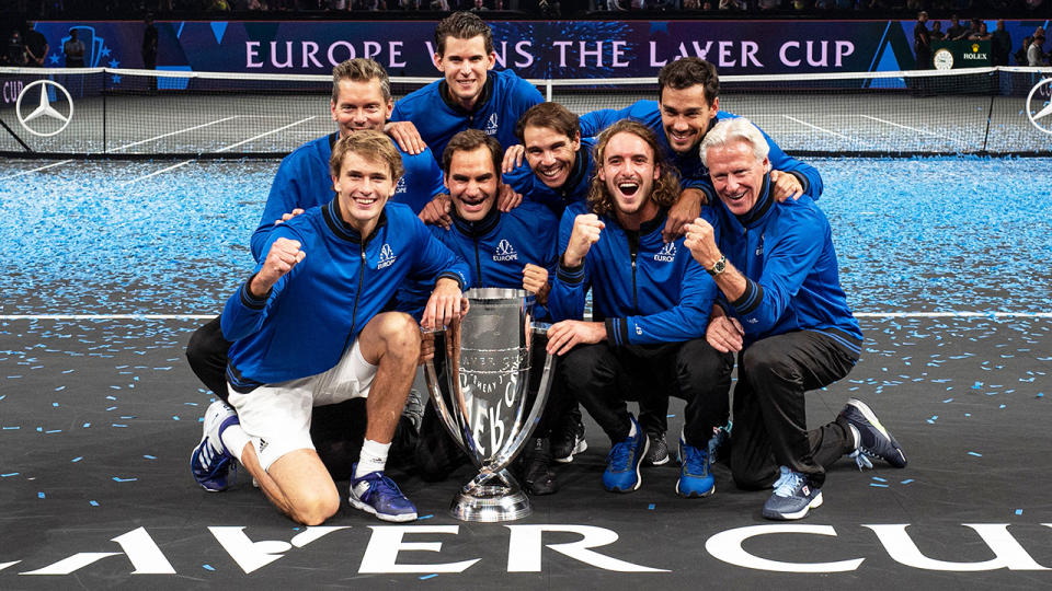 Team Europe, led by Roger Federer, pictured here celebrating victory in the 2019 Laver Cup.