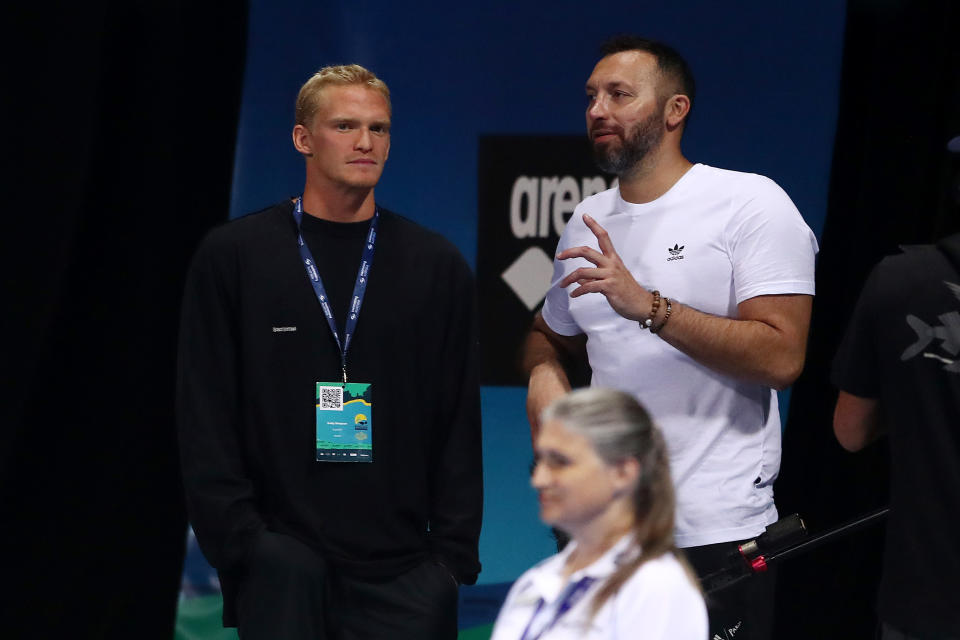 Ian Thorpe, pictured here speaking to Cody Simpson at the Australian swimming championships in April.