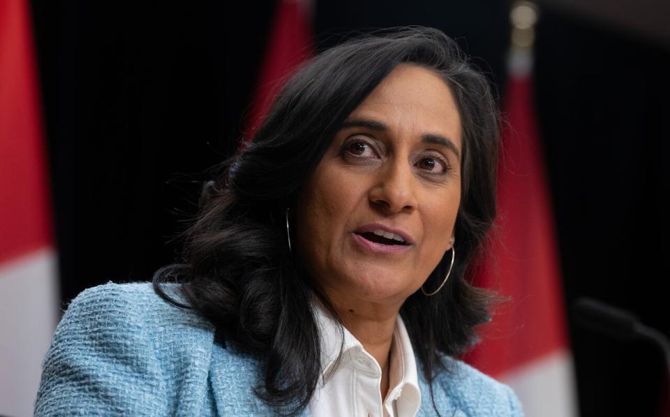President of the Treasury Board Anita Anand speaks during a news conference, in Ottawa, Monday, Jan. 29, 2024.