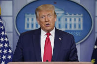 FILE - In this Thursday, July 2, 2020, file photo, President Donald Trump speaks during a news briefing at the White House, in Washington. Trump has visions of establishing by the final months of his second term—should he win one—a “National Garden of American Heroes” that will pay tribute to some of the prominent figures in the nation’s history that he sees as the “greatest Americans to ever live.” The president unveiled his plan Friday during his speech at Mount Rushmore National Memorial, S.D. (AP Photo/Evan Vucci)