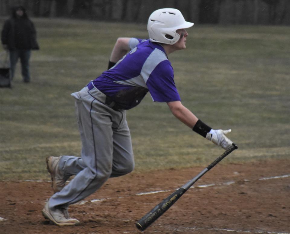 West Canada Valley Indian Josh Grabowski finishes his swing and discards his bat Wednesday during a rain-shortened home game against Utica's Notre Dame Jugglers. The game was stopped with one out in the top of the fifth inning and Notre Dame leading 6-1. The Indians are scheduled to play again Friday as one of three teams in the round robin Ben Conte Memorial Tournament at Soldiers and Sailors Park in St. Johnsville; Fort Plain and host Oppenhem-Ephratah-St. Johnsville are the other teams.