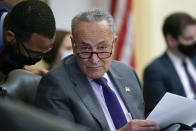 Senate Majority Leader Chuck Schumer, D-N.Y., listens during a markup of the "For the People Act of 2021" in the Senate Rules Committee, at the Capitol in Washington, Tuesday, May 11, 2021. The bill, which would expand access to voting and other voting reforms, was already passed by Democrats in the House. (AP Photo/J. Scott Applewhite)