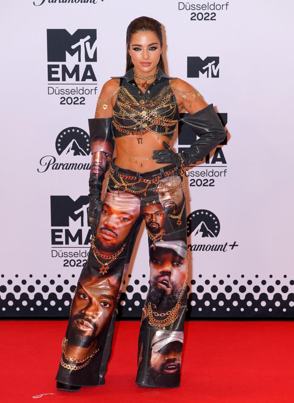 Israeli pop star Noa Kirel sports Kanye West’s face on outfit at MTV EMAs