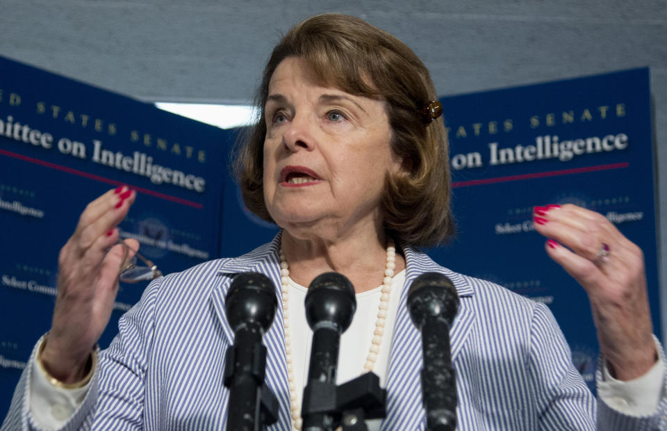 FILE - In this Sept. 5, 2013 file photo, Senate Intelligence Committee Chair Sen. Dianne Feinstein, D-Calif., speaks to reporters on Capitol Hill in Washington. Feinstein, 90, a centrist Democrat from California and champion of liberal causes who was elected to the U.S. Senate in 1992 and broke gender barriers throughout her long career in local and national politics died Sept. 28, 2023. (AP Photo/Manuel Balce Ceneta, File)