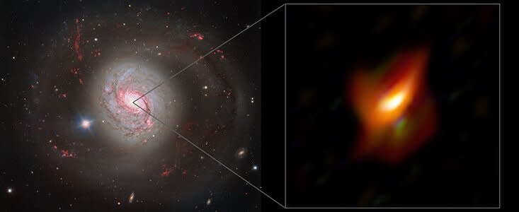 Eine Spiralgalaxie, Messier 77, überwiegend rosa, und Nahaufnahme ihres aktiven Zentrums, dargestellt in Orange.