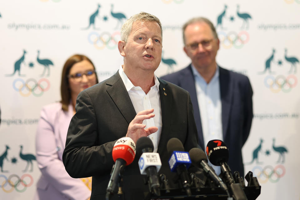 Pictured here, Australian Olympic Committee CEO Matt Carroll speaking to media at an event in 2023. 