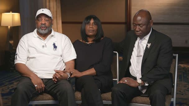 PHOTO: RowVaughn Wells, mother of Tyre Nichols sits with her husband, Tyre's stepfather Rodney Wells and civil rights Attorney Ben Crump during an interview with ABC News, Jan. 27, 2023. (ABC News)