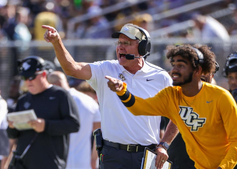 Sep 24, 2022; Orlando, Florida, USA; UCF Knights head coach Gus Malzahn reacts to a call during the first quarter against the Georgia Tech Yellow Jackets at FBC Mortgage Stadium. Mandatory Credit: Mike Watters-USA TODAY Sports