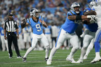 Carolina Panthers quarterback Bryce Young throws a touchdown pass against the Detroit Lions during the first half of a preseason NFL football game Friday, Aug. 25, 2023, in Charlotte, N.C. (AP Photo/Erik Verduzco)