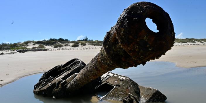 The rusted out wreckage of an old tank is seen at Ou Cuo Sandy Beach on Taiwan's Kinmen islands, which lie just 3.2 kms (two miles) from the mainland China coast, on August 11, 2022.