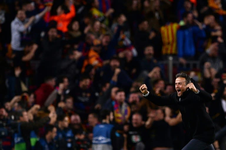 Barcelona coach Luis Enrique celebrates their 6-1 victory over Paris Saint-Germain after their Champions League match at the Nou Camp stadium on March 8, 2017