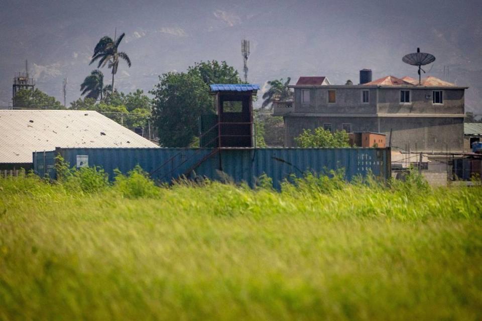 A structure built using shipping containers along the northern perimeter of Toussaint Louverture International Airport in Port-au-Prince, Haiti is used by members of Haiti’s Armed Forces to guard the grounds.