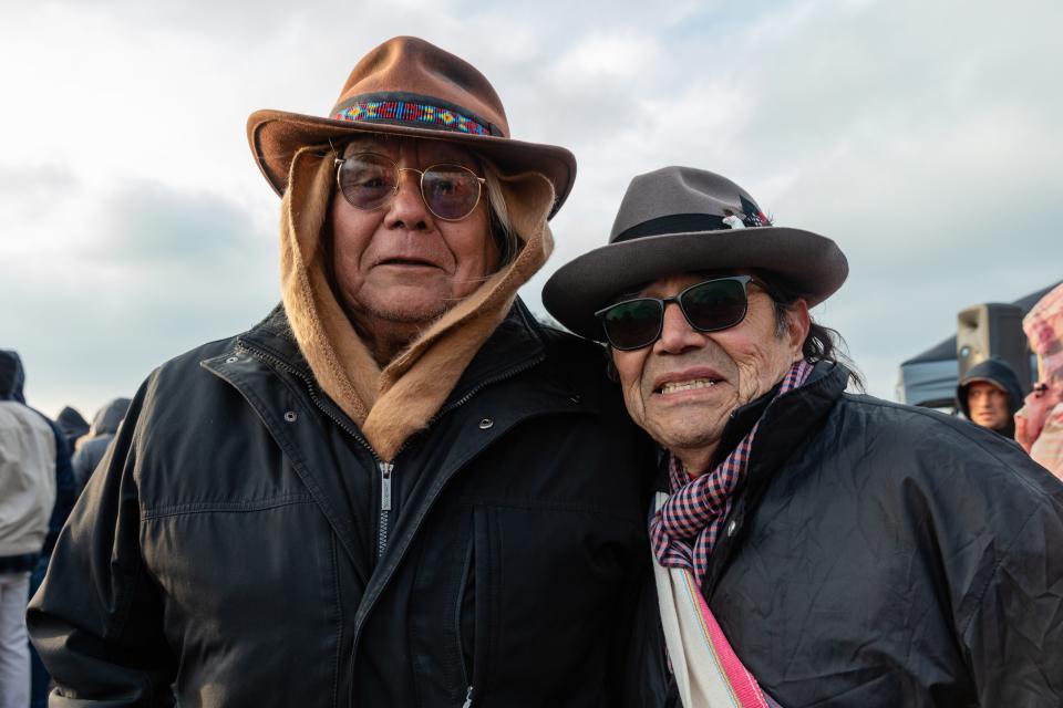 Lenny Foster (left), a Diné spiritual advisor to over 2000 Native American inmates, and Tony Gonzales. Gonzales, director of the American Indian Movement—West, was in Vietnam during the 1969 action. “We need to Indianize 7 billion people,” he says, to foster in them a “connection to nature, to our allies of the animal and plant world.”