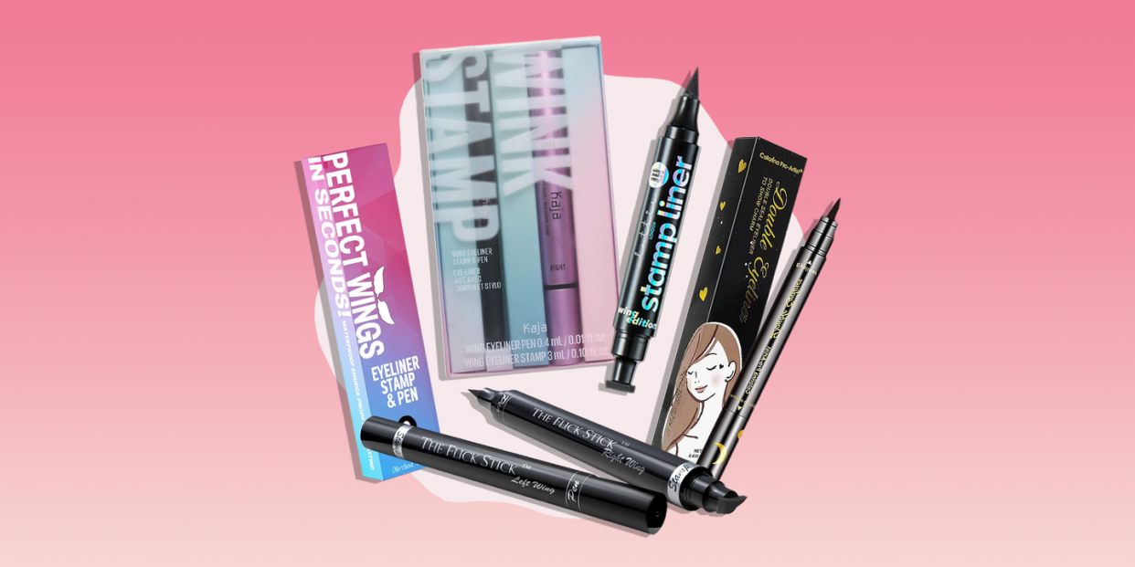 an assortment of eyeliner stamp pens grouped together over a pink gradient background