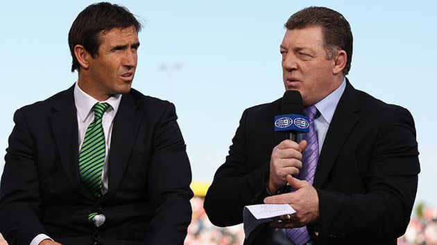 Johns and Gould commentate together for Channel Nine. Image: Getty