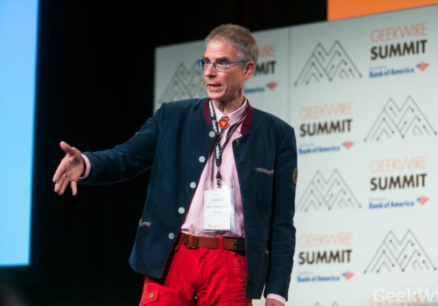Neuroscientist Christof Koch, president and chief scientific officer of the Allen Institute for Brain Science, talks about the roots of consciousness at the 2017 GeekWire Summit. (Photo by Dan DeLong for GeekWire)