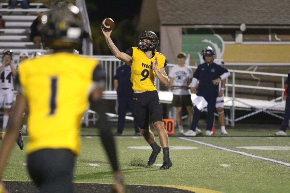 Vikings quarterback Carter Smith throws a pass against the Wildcats as Bishop Verot defeated Estero 44-6 in a Region 2S-4 semifinal on Friday, Nov. 17, 2023.