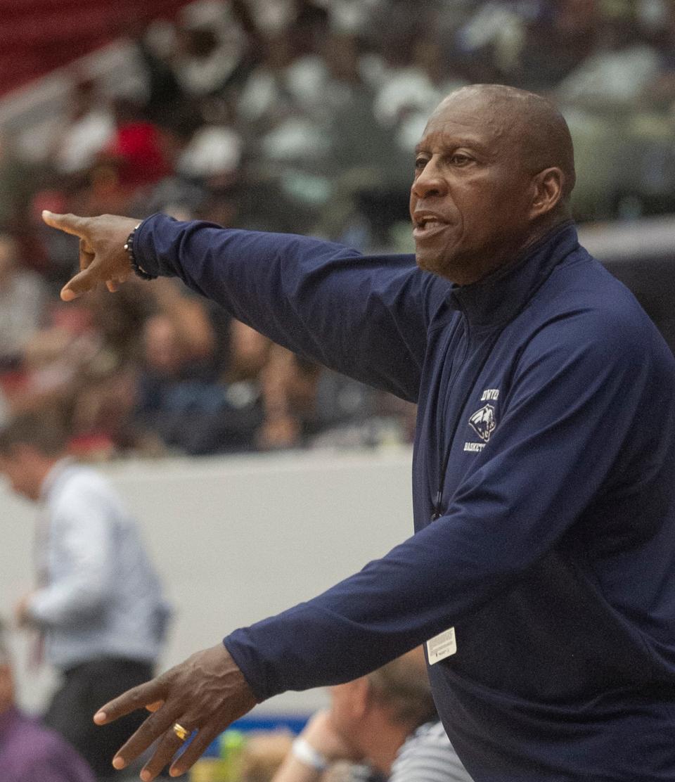 Dwyer Head Basketball Coach Fred Ross instructs his players against Ponte Vedra during their FHSAA Boys 6A Championship basketball game at The RP Funding Center in Lakeland Saturday. March 4, 2023.