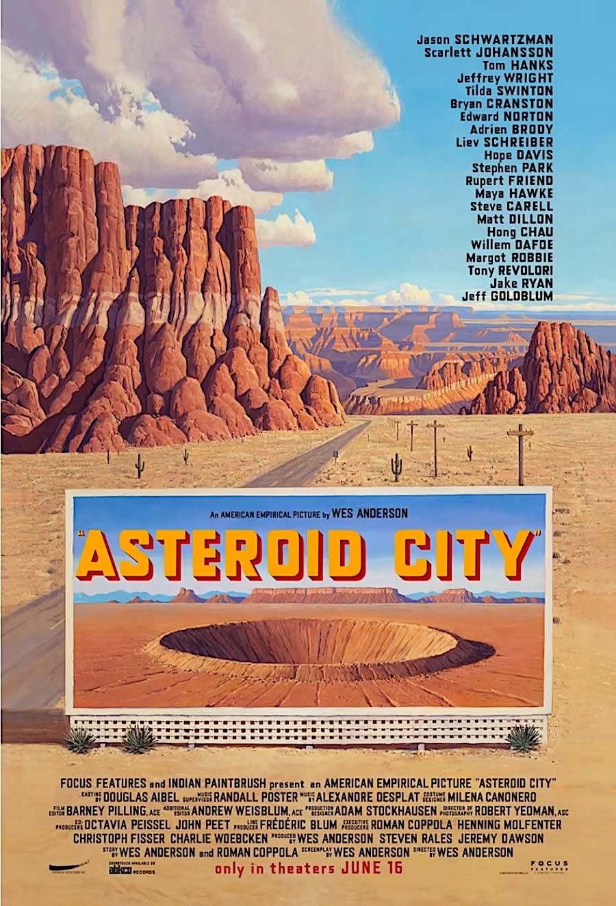 a poster showing a long road beside a billboard of a large crater with the text 