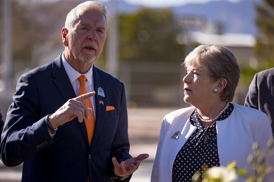 County Judge Ricardo Samaniego shows Mexican Foreign Secretary Alicia Barcena Ibarra around the El Paso Healing Garden in Ascarate Park on Wednesday, April 17, 2024.