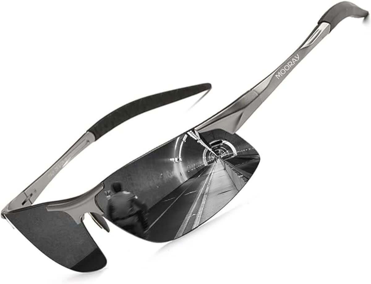 MOORAY Men's Polarized Sports Sunglasses, Black Lens/Grey Frame