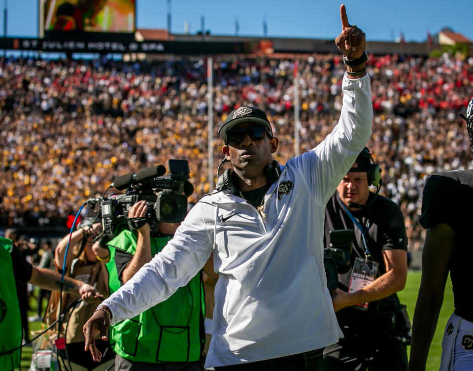 BOULDER, CO - SEPTEMBER 09: Colorado head coach Deion Sanders interacts with fans prior to the home opener game between the Colorado Buffaloes and the the Nebraska Cornhuskers on Saturday, September 9, 2023 at Folsom Field in Boulder, CO.  (Photo by Nick Tre. Smith/Icon Sportswire via Getty Images)