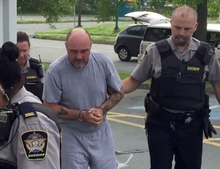 Joseph Greene is shown being brought to court on Aug. 14, 2015. (CBC - image credit)