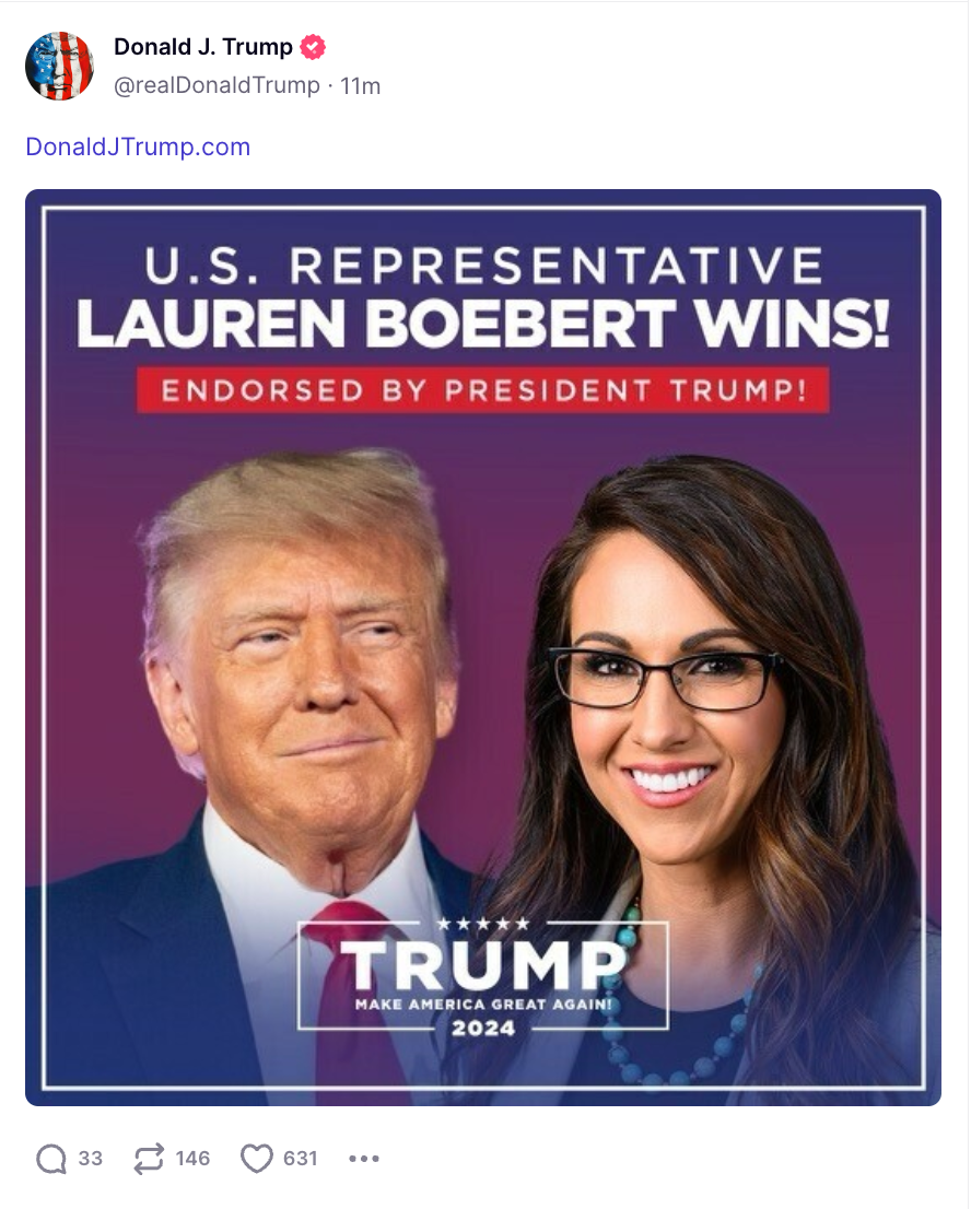 Donald Trump has posted an endorsement for Lauren Boebert following her win in the GOP Colorado primary on Tuesday (@realDonaldTrump)